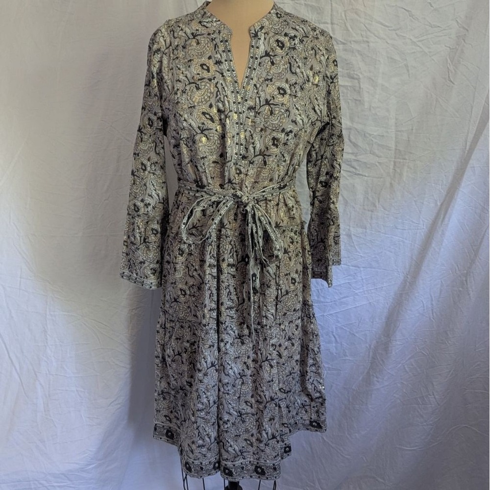 Lola Australia Floral Block Print Midi Dress‎ Gold Foil Tiered Cotton Grey Sz S